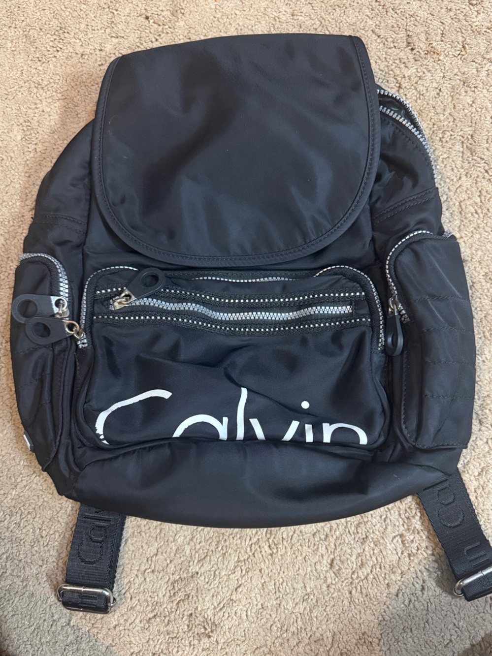 Calvin Klein Black Logo Nylon Backpack with Front Zip Pockets (Project)